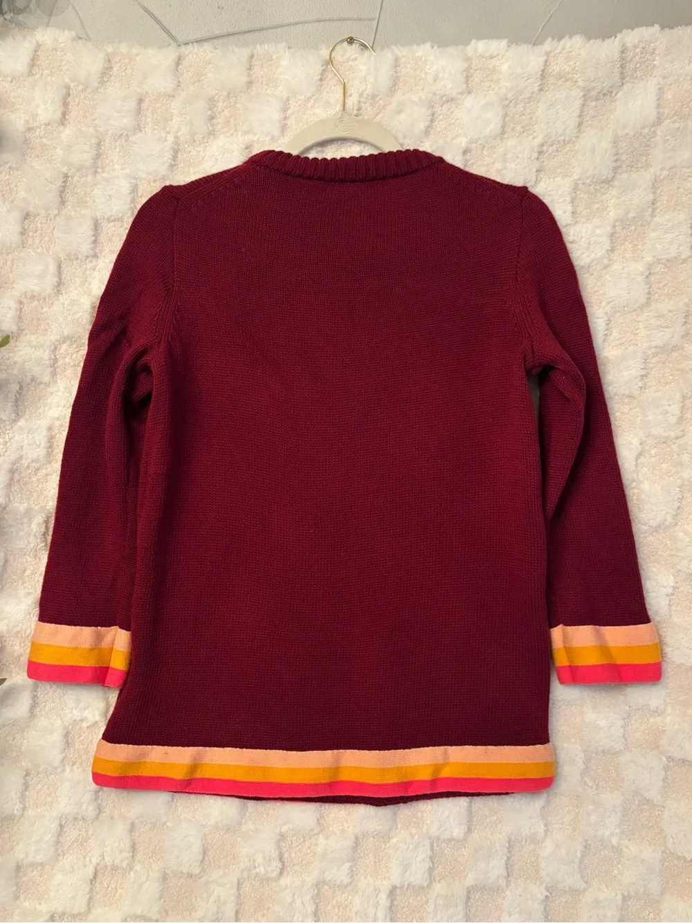J. Crew Burgundy Crewneck Sweater with Multi-Stripe Trim